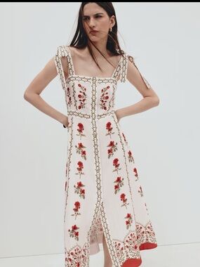 Sold out H&M midi viscose dress with Red Floral Embroidery, Small, retails $70